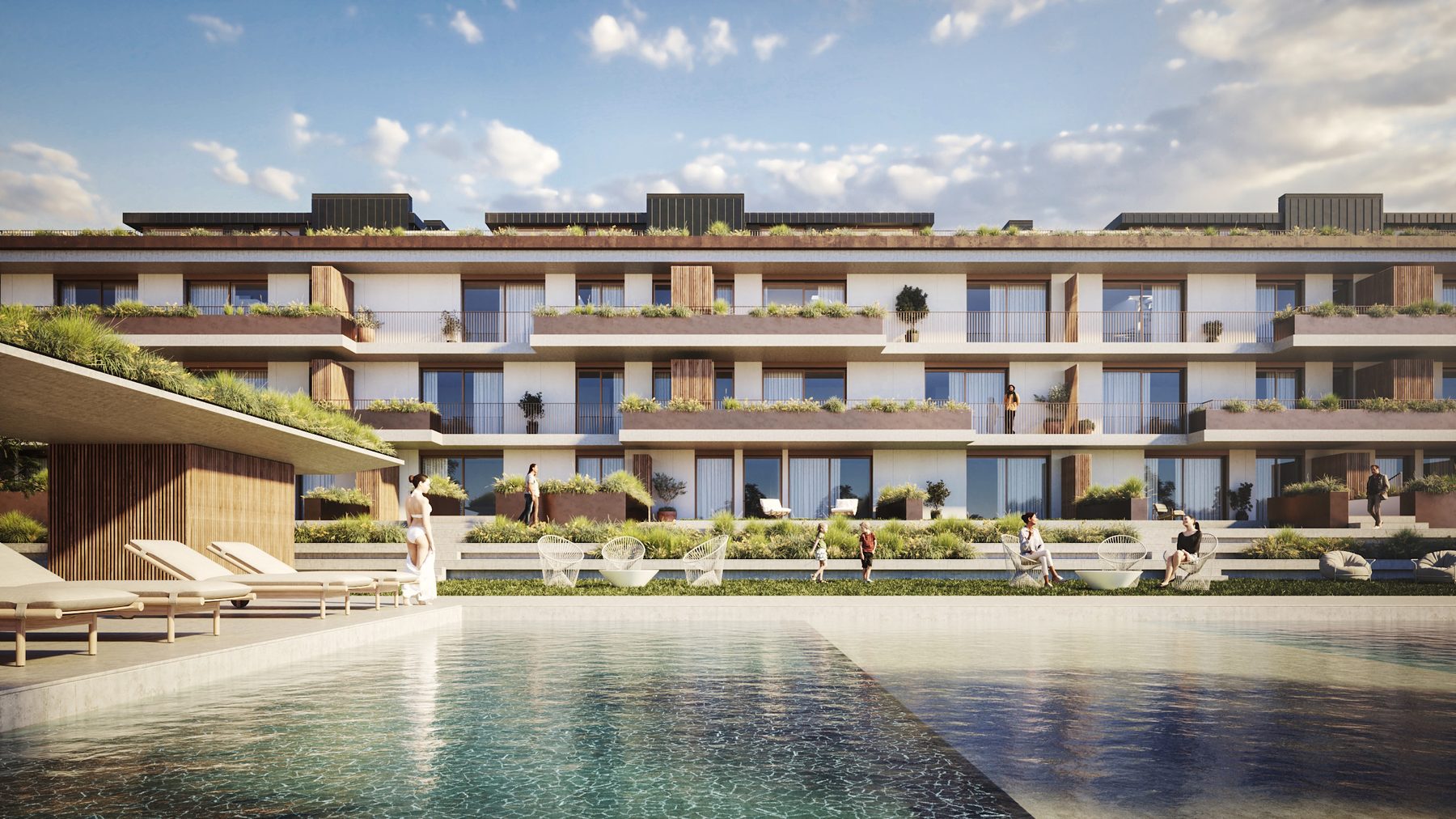 Naus Eco Village — fachada vista desde la piscina